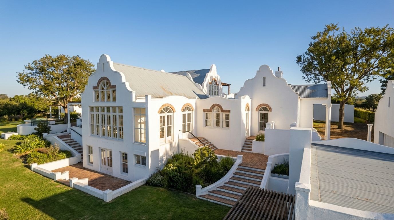 Concept render of the same Cape Dutch-style house from the garden, showing its stepped gables and arched windows, currently in construction